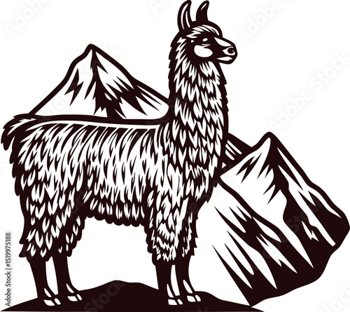 stylized illustration of llama standing in front of snowy mountains, detailed fur, bold black and white line art