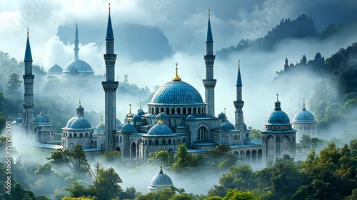 Majestic mosque complex shrouded in mist, nestled amidst lush greenery