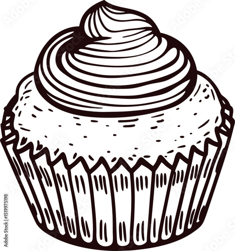 Hand drawn cupcake with swirled icing in paper liner vintage bakery dessert illustration isolated on white background