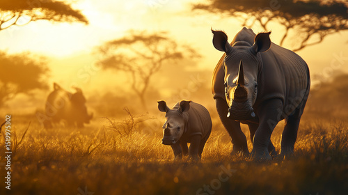 Baby Rhinoceros Standing Beside Mother in African Bush with Soft Morning Light


