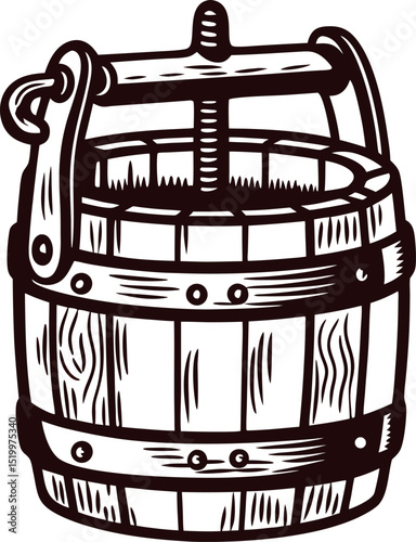 Vintage wooden water well bucket with handle and metal bands, black and white