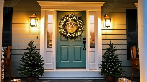 Cozy Christmas front porch decorated with garland, wreaths, and lights
