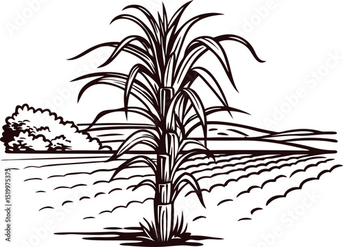 Scenic sugarcane field with farmland and hills in black and white