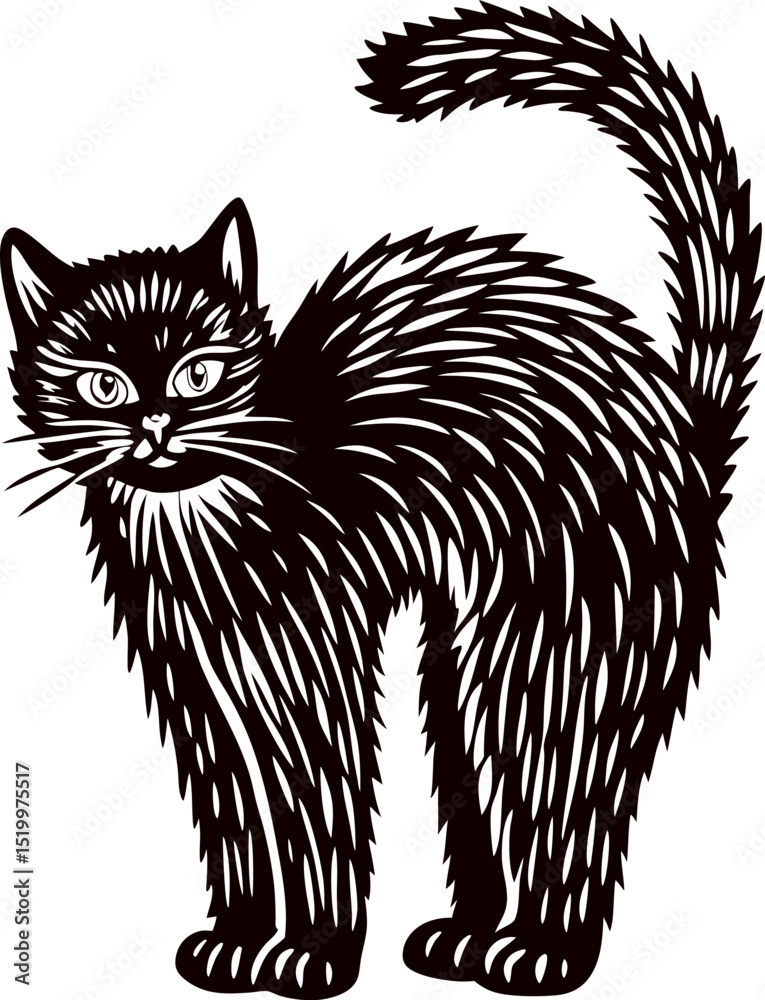 Obraz premium Frightened arched black cat illustration with bristling fur and expressive eyes isolated on white background