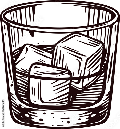 Hand drawn illustration of a glass tumbler with ice cubes isolated on white background, vintage engraving