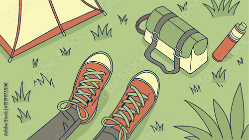 Camping trip essentials: tent, backpack, shoes, and water bottle for outdoor adventure and relaxation