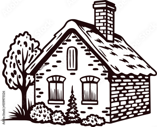 Charming rustic stone cottage with thatched roof and chimney surrounded by trees and shrubs isolated on white