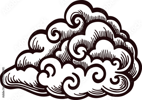 Hand drawn decorative vintage cloud swirl ink illustration with ornate details on white background