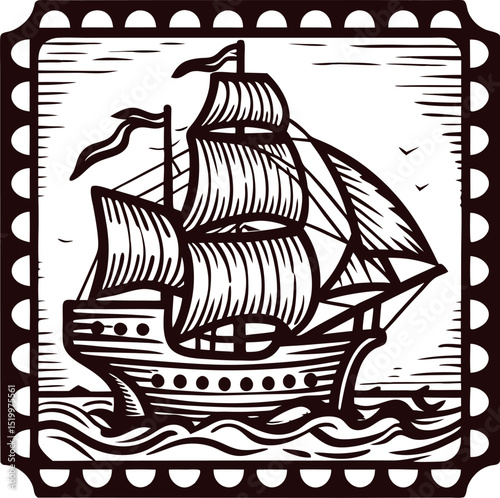 Vintage engraved sailing ship on wavy sea in decorative square frame with birds flying overhead
