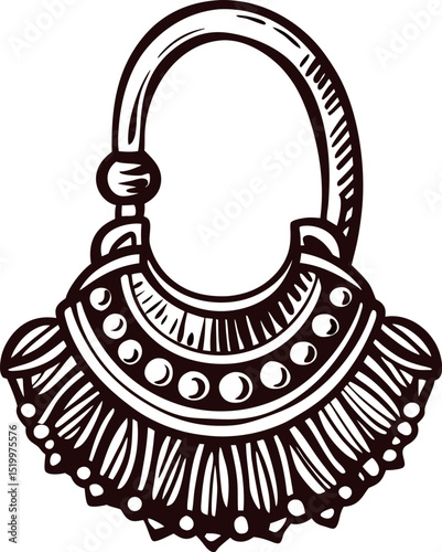 Hand drawn ancient ethnic hoop earring with ornate fringe detailing in vintage engraving illustration