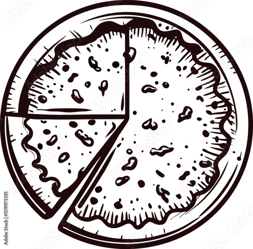 Hand drawn whole pie with two slices missing vintage engraved dessert illustration in black and white