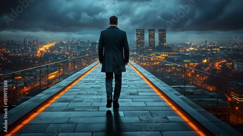 Businessman walks on rooftop pathway at night