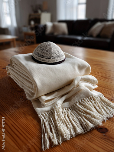 Jewish prayer shawl folded neatly with kippah 