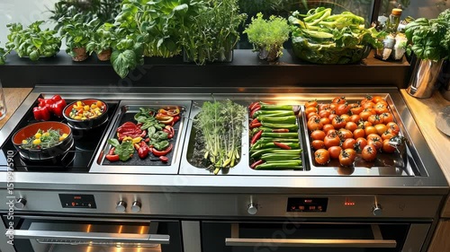 Modern kitchen countertop with integrated cooking stations showcasing fresh vegetables and herbs