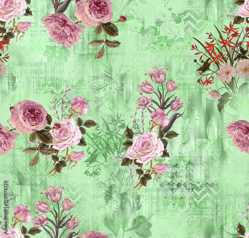 Fototapeta Naklejka Na Ścianę i Meble -  Floral Fantasy All-Over Pattern, Vintage Watercolor Flower Pattern, Tropical Bloom Seamless Design