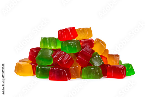 A vibrant pile of colorful gummy candies isolated on a clean white background