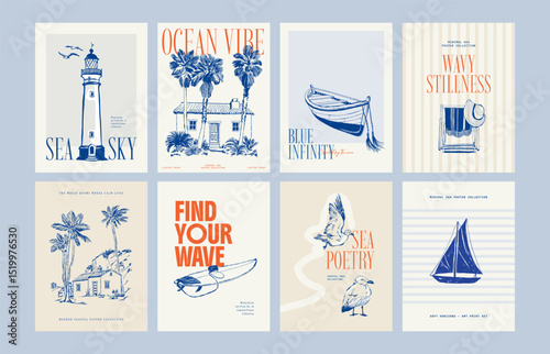 Abstract ocean and sea posters template. Modern sea Botanical trendy black style. Vintage seaweed, fish, shell. Ink wall art.