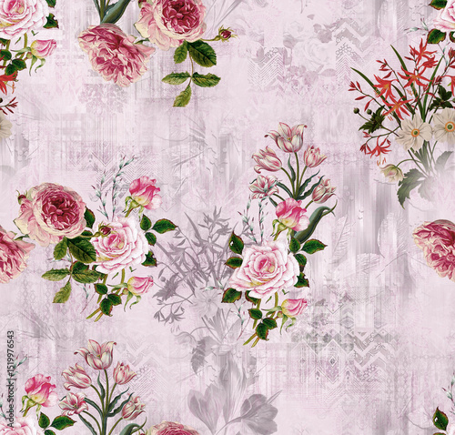 Fototapeta Naklejka Na Ścianę i Meble -  Floral Fantasy All-Over Pattern, Vintage Watercolor Flower Pattern, Tropical Bloom Seamless Design