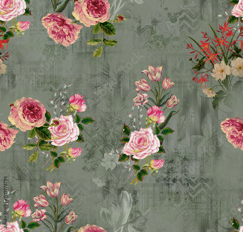 Fototapeta Naklejka Na Ścianę i Meble -  Floral Fantasy All-Over Pattern, Vintage Watercolor Flower Pattern, Tropical Bloom Seamless Design