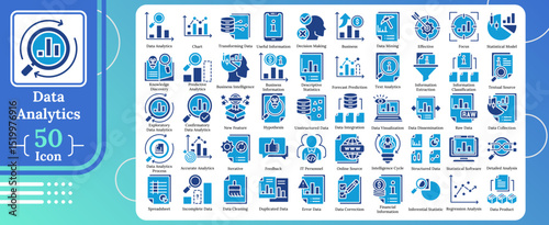 50 dual tone glyph style data analytics illustrations showing charts, statistics, modeling, mining, insights, predictions, integration, and reporting for business and IT-related analysis workflows