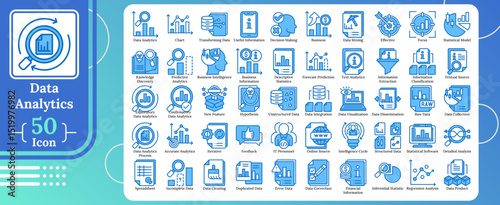 50 blue fill outline style data analytics illustrations showing charts, statistics, modeling, mining, insights, predictions, integration, and reporting for business and IT-related analysis workflows