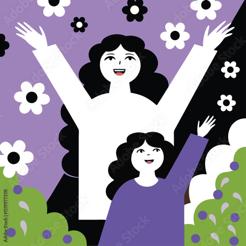 Cheerful abstract illustration of two women reaching with joyful expressions on a transparent background