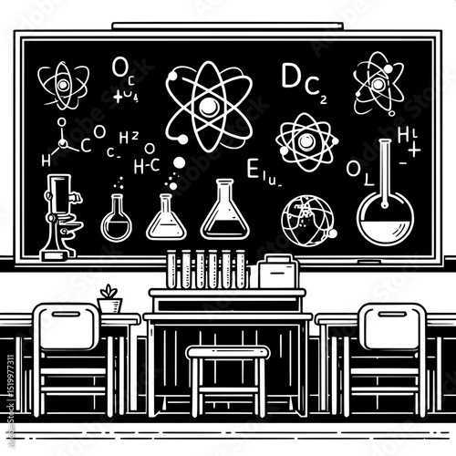 Black and White SVG of a Blackboard with Science Diagrams