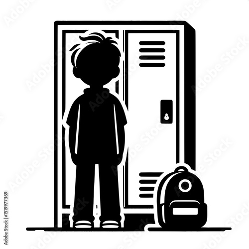 Black and White SVG of a Boy Standing Near a Locker