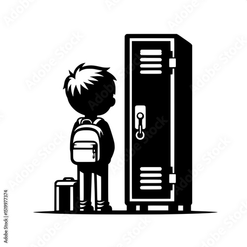 Black and White SVG of a Boy Standing Near a Locker