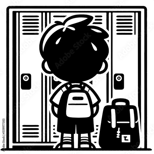 Black and White SVG of a Boy Standing Near a Locker