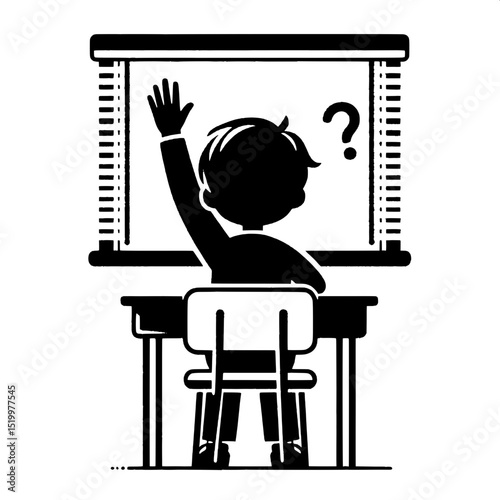 Black and White SVG of a Boy Raising His Hand in Class