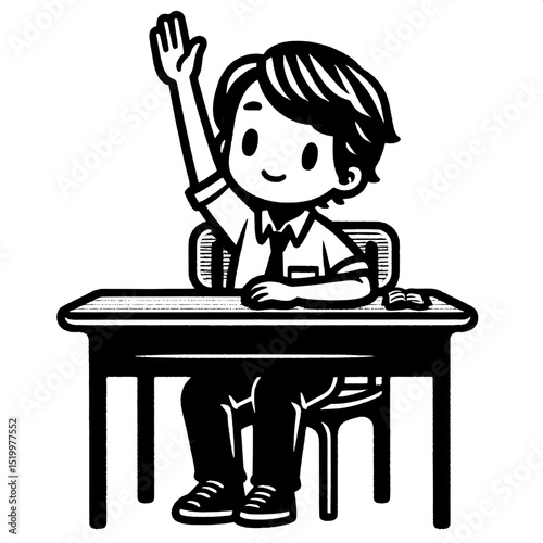 Black and White SVG of a Boy Raising His Hand in Class
