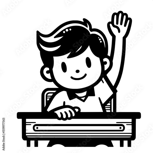 Black and White SVG of a Boy Raising His Hand in Class