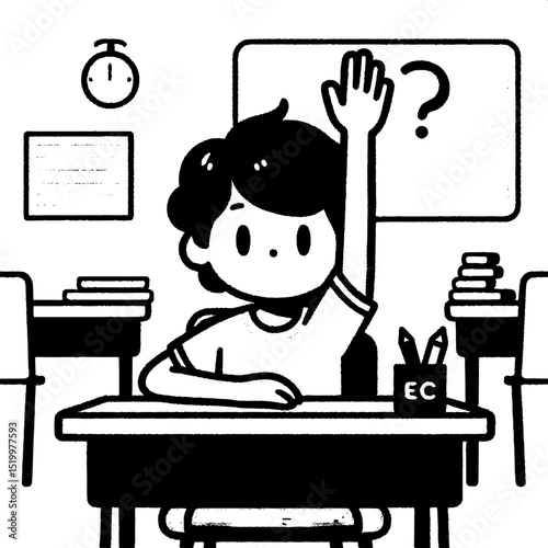 Black and White SVG of a Boy Raising His Hand in Class