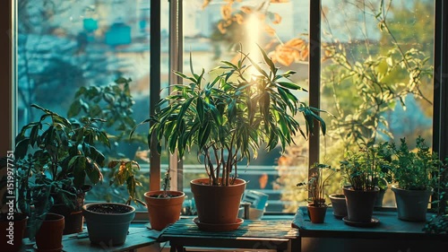 Sunlight streams through a window filled with potted plants
