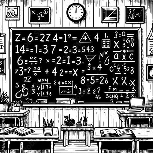 Black and White SVG of a Chalkboard with Math Equations