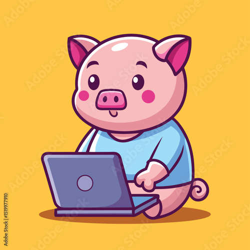 Cute Pig Working on Laptop Cartoon Vector – Animal Technology Icon Concept in Flat Style
