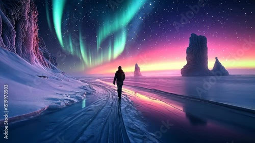 Solitary figure walks a snowy path under vibrant aurora borealis