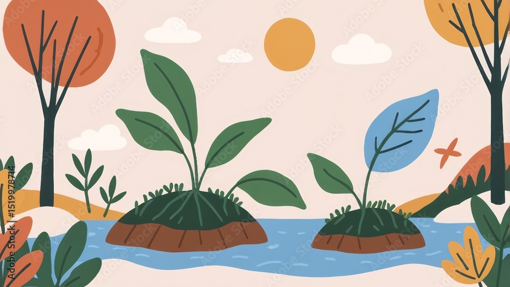 Obraz premium A clean and modern flat illustration featuring a serene nature scene, designed in a minimalistic style. This poster emphasizes the beauty of the natural environment—perfect for Environment Day campaig