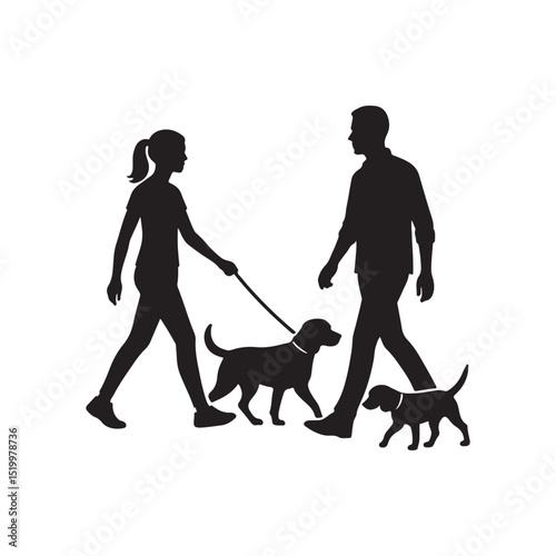 Dog walkers silhouette vector art illustration on white background
