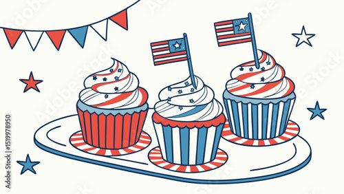 Patriotic cupcakes with american flags for july fourth celebration party dessert and holiday baking treats
