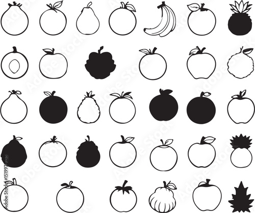 Silhouettes of various fruits in black and white isolated design.  Peach, Pear, Pineapple, Plum, Pomegranate, Raspberry, Strawberry, Coconut, Grape, Grapefruit, Guava, Kiwi, Lemon, Lime and Watermelon