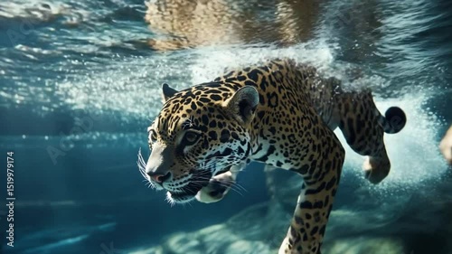 Elegant jaguar swimming gracefully underwater in its natural habitat exploration video