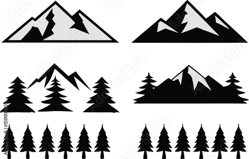 A black and white image showcases striking silhouettes of mountains and pine trees, creating a dramatic and minimalist natural landscape scene.