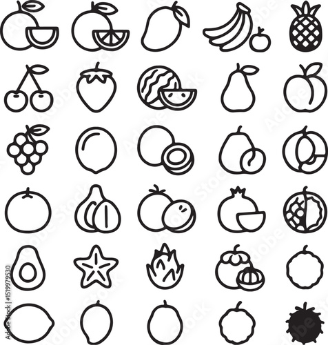 Silhouettes of various fruits in black and white isolated design.  Peach, Pear, Pineapple, Plum, Pomegranate, Raspberry, Strawberry, Coconut, Grape, Grapefruit, Guava, Kiwi, Lemon, Lime and Watermelon