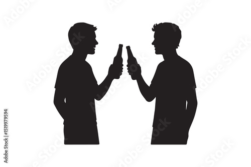 Friends clinking bottles silhouette vector art illustration on white background