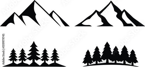 A black and white image showcases striking silhouettes of mountains and pine trees, creating a dramatic and minimalist natural landscape scene.