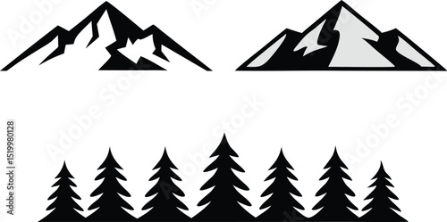 A black and white image showcases striking silhouettes of mountains and pine trees, creating a dramatic and minimalist natural landscape scene.
