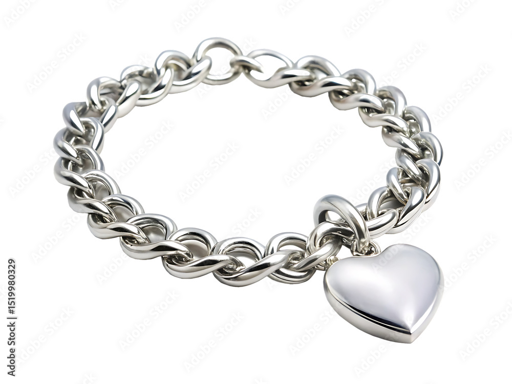 Obraz premium Silver chain bracelet with a heart charm isolated on white background, PNG
