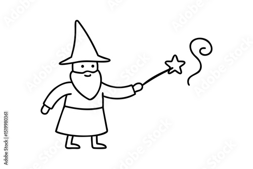Cute lineart wizard cartoon character with magic wand